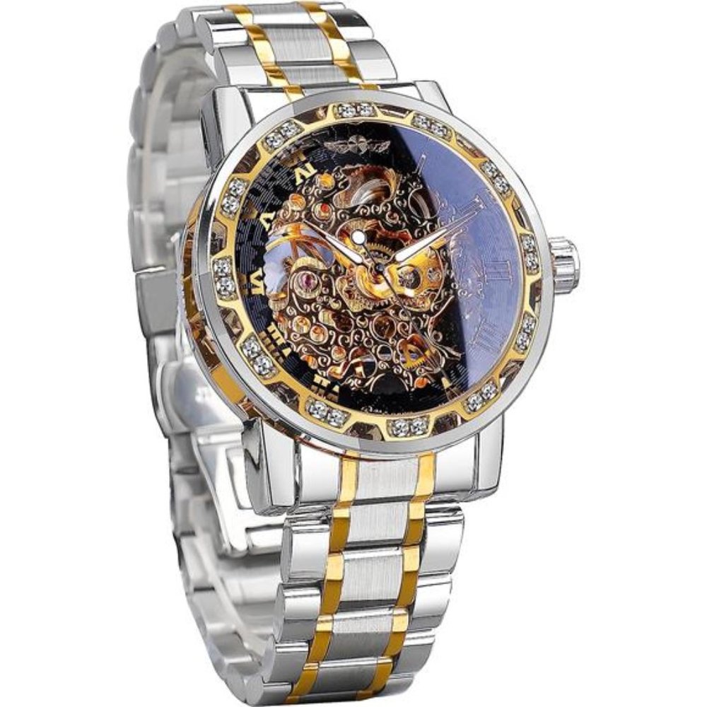 Retro Manual Mechanical Skeleton Watch with Diamond & Carving Flower,SilverBlack